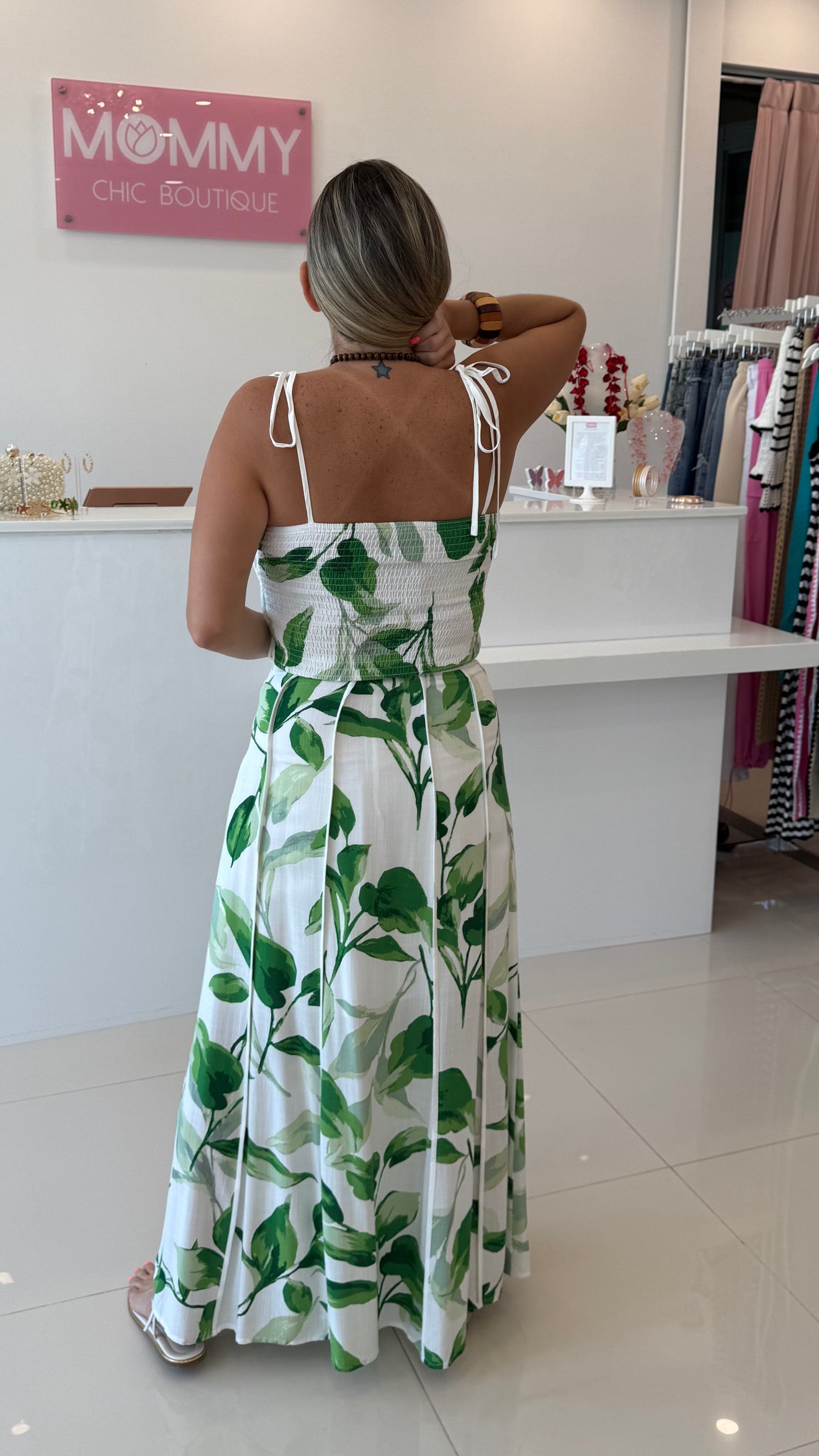 Printed Leaf Top & Maxi Skirt Set