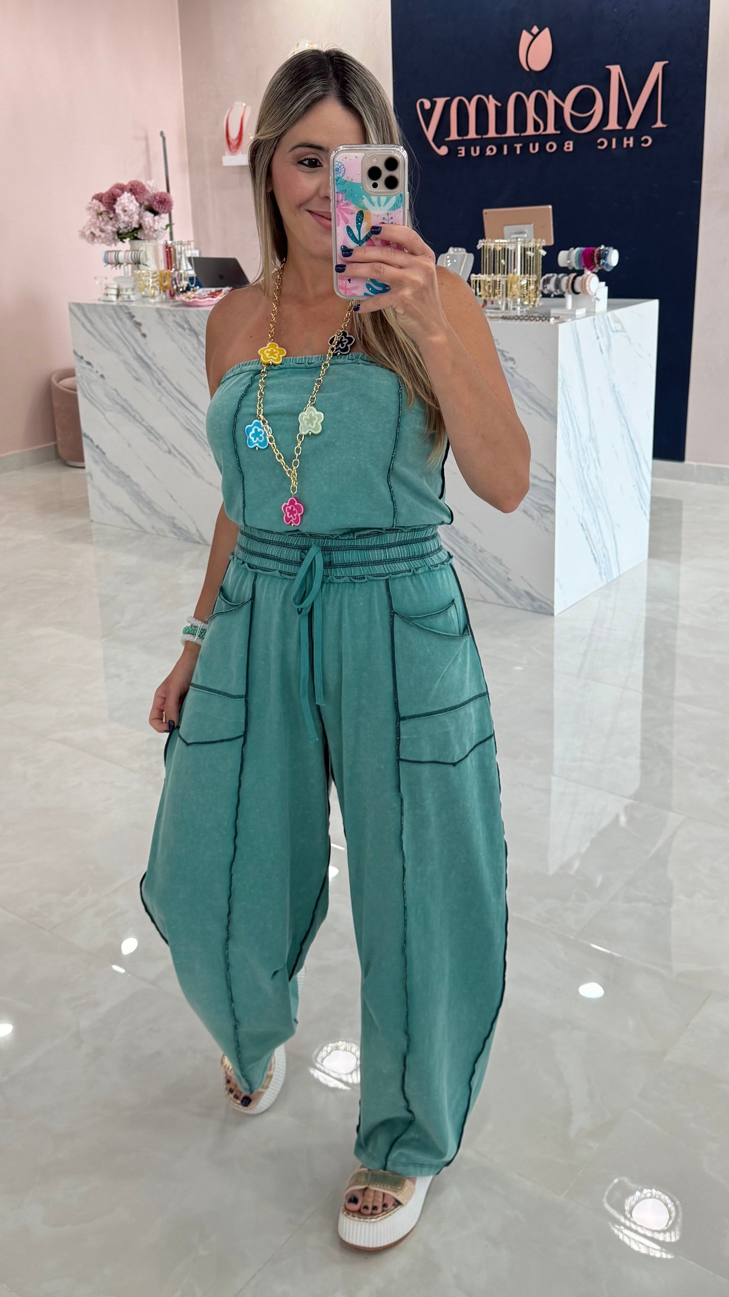 Dusty Mint Mineral Washed Strapless Jumpsuit