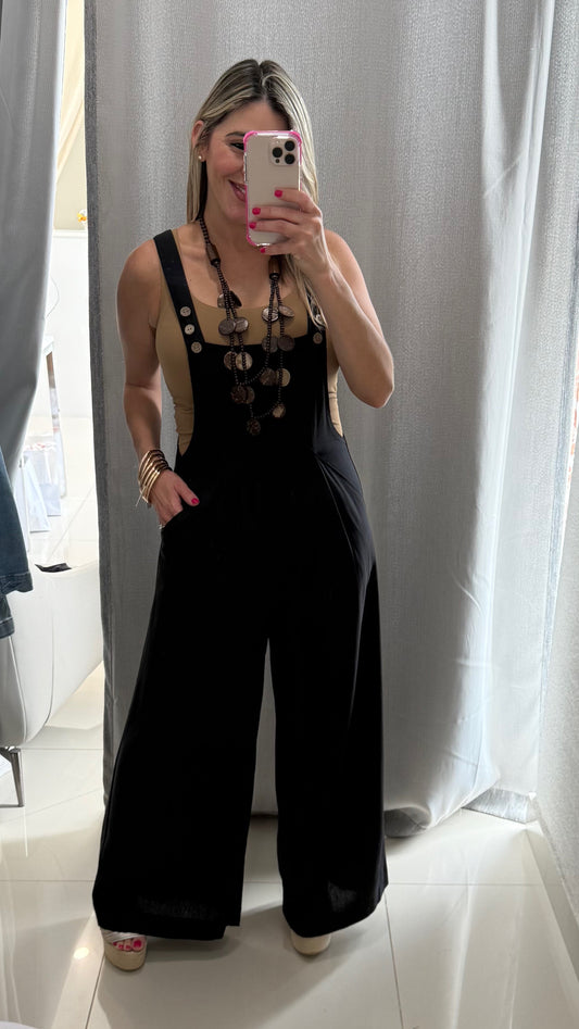 Linen Wide Leg Overall Black