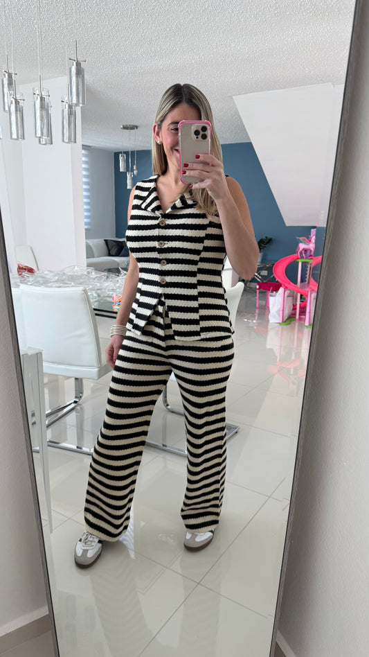 Stripe Vest Top & Pant Set Black & Cream