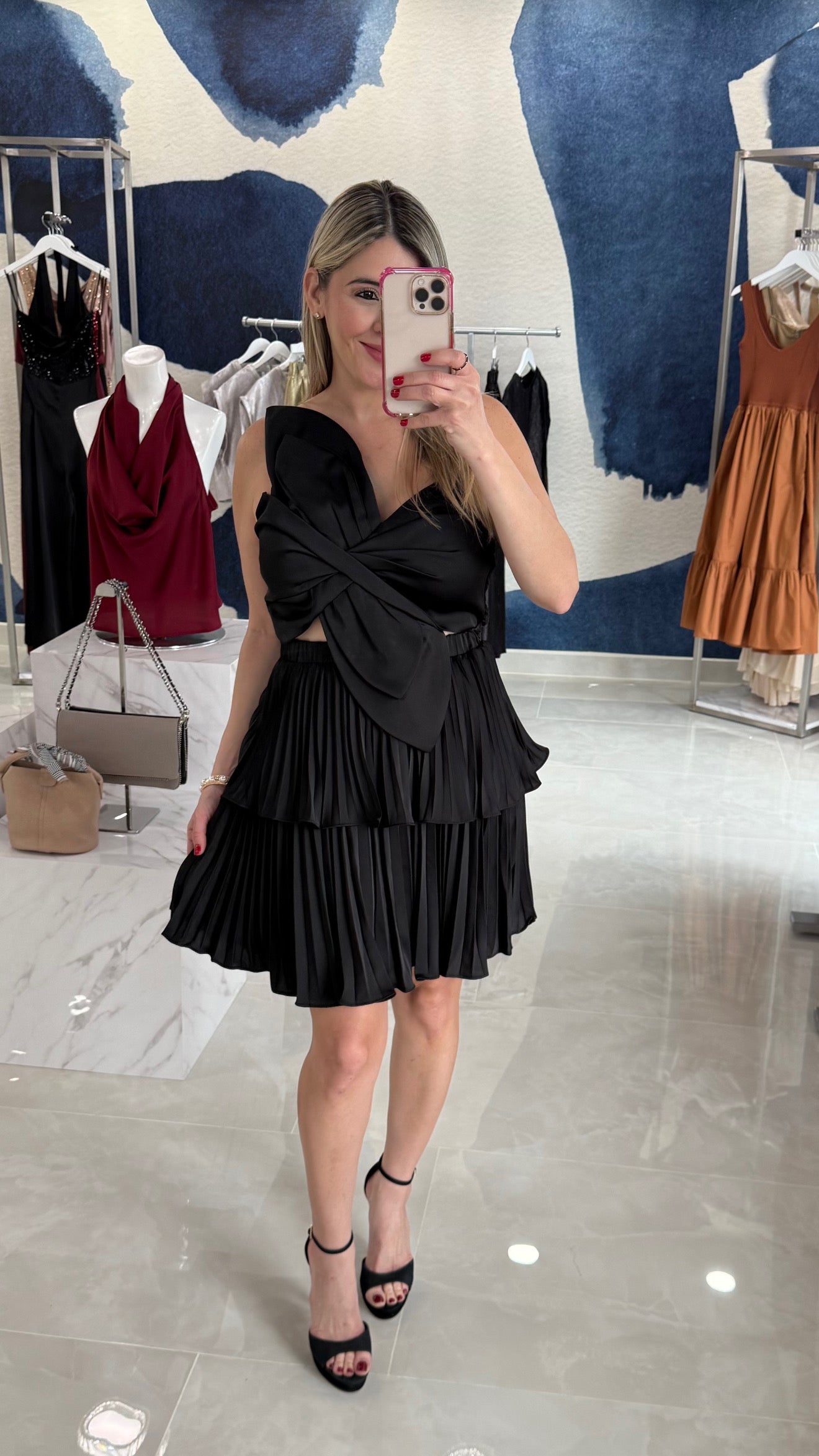Bow Satin Pleated Dress BLk