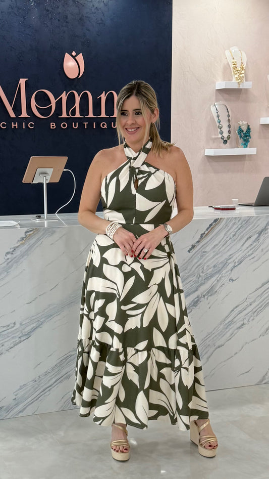 Satin Halter Printed Dress Olive