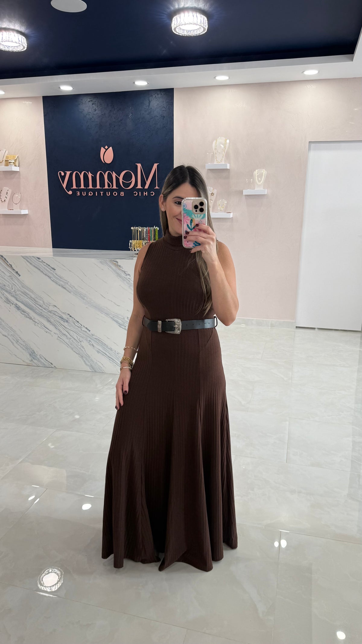 Turtleneck Sleeveless Maxi Dress Brown