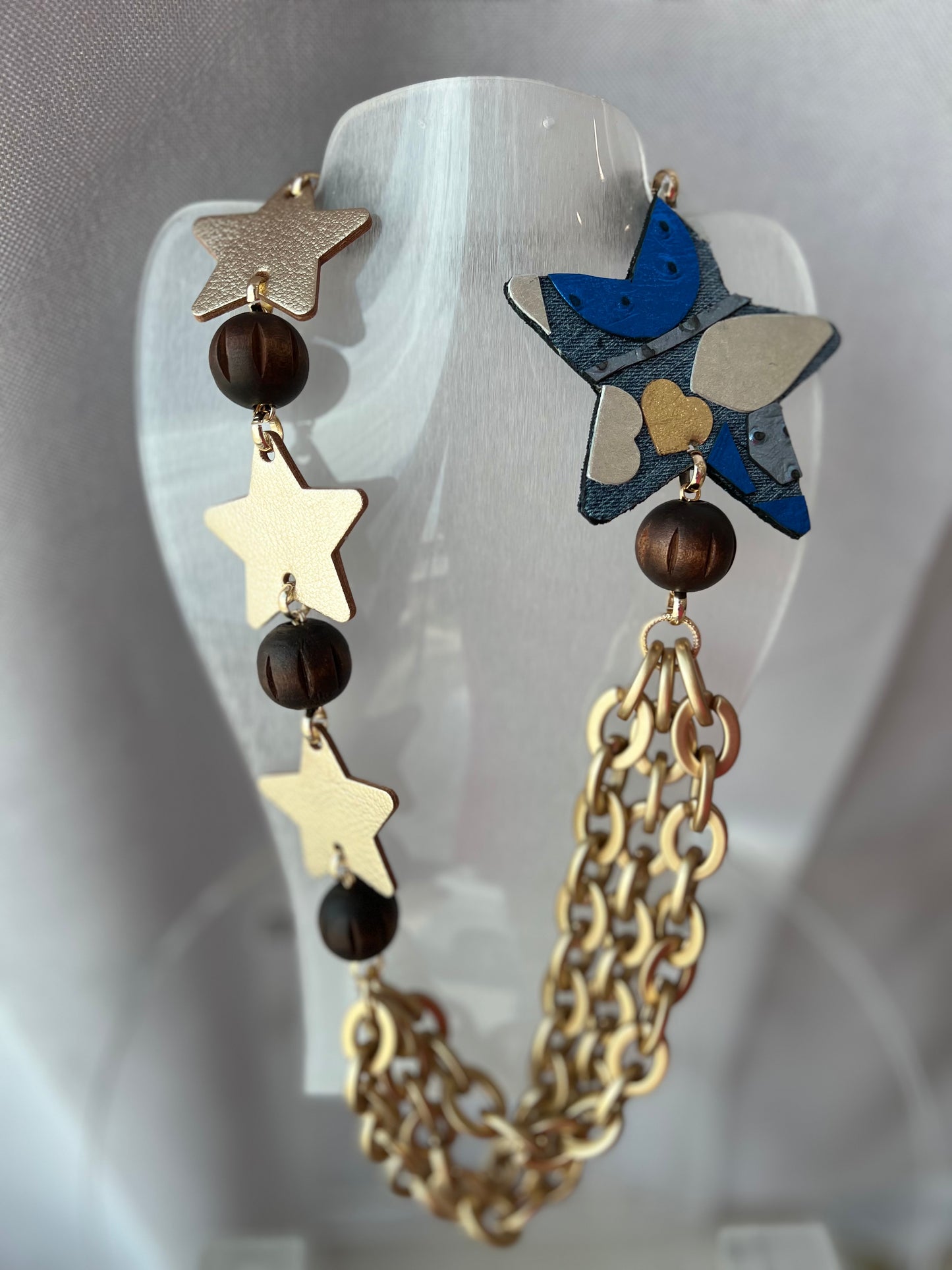 Star Leather Necklace Denim / Wood