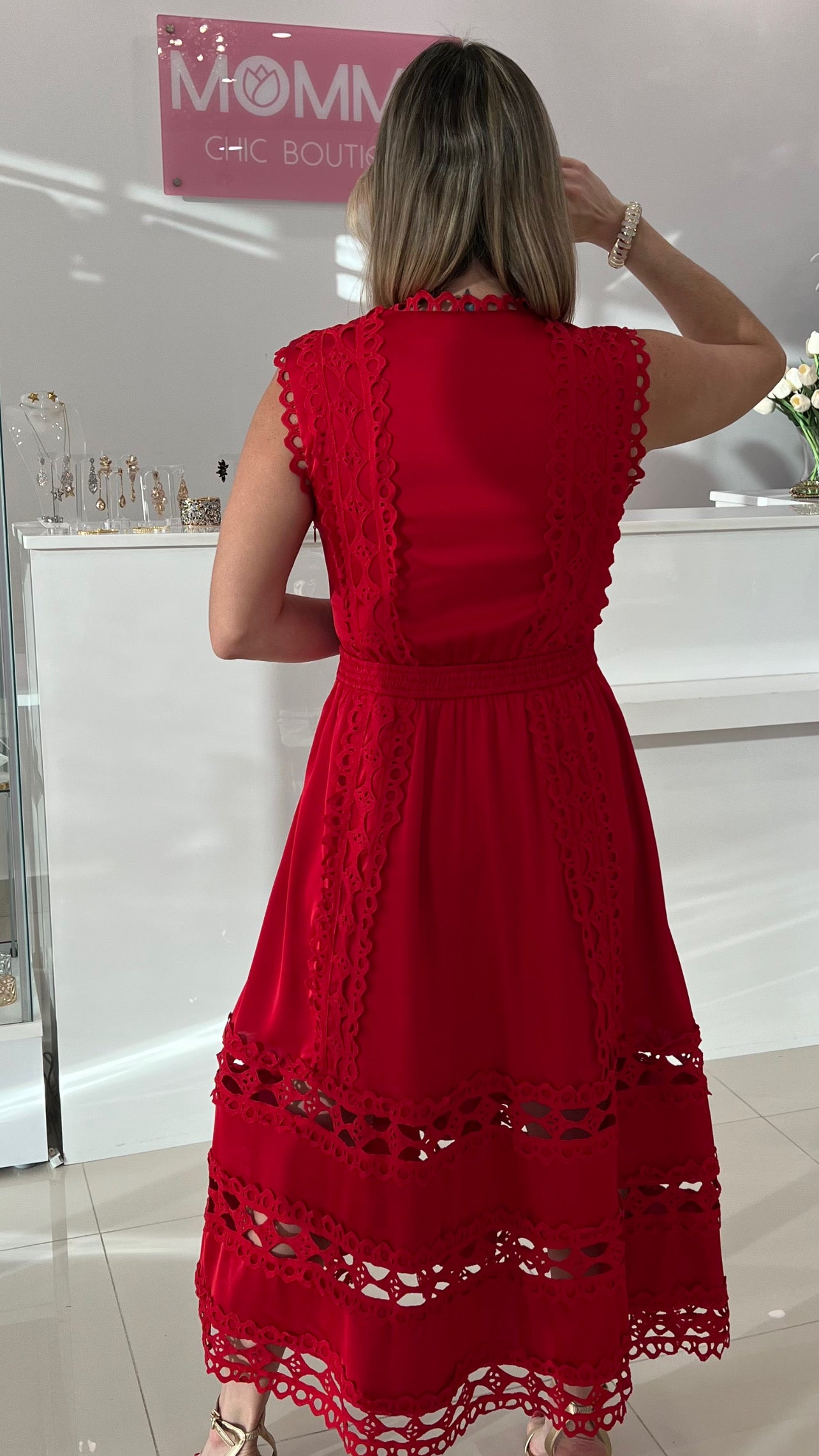 Midi Dress With Crochet Red