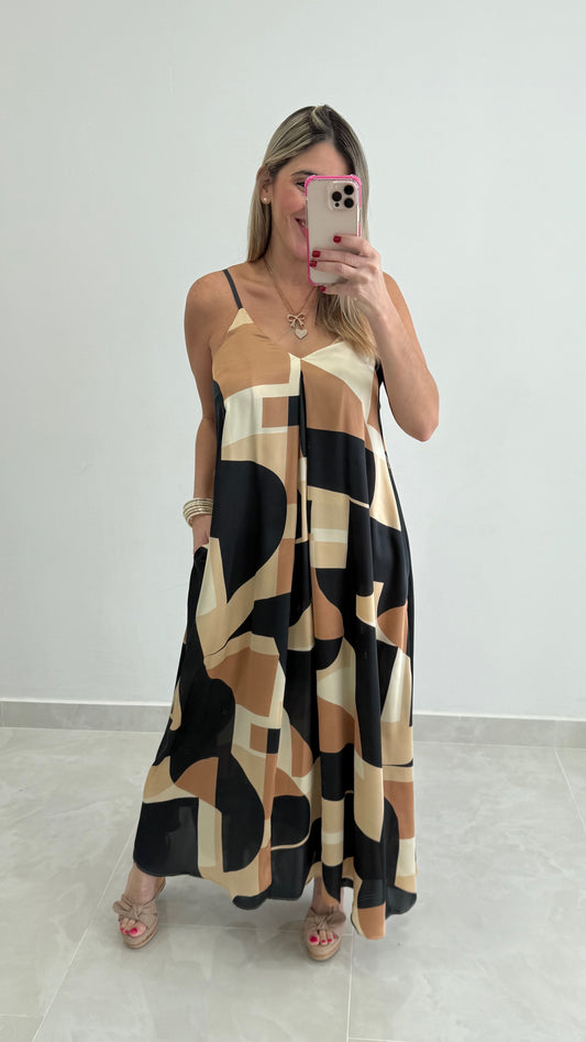 Abstract V Neck Satin Dress