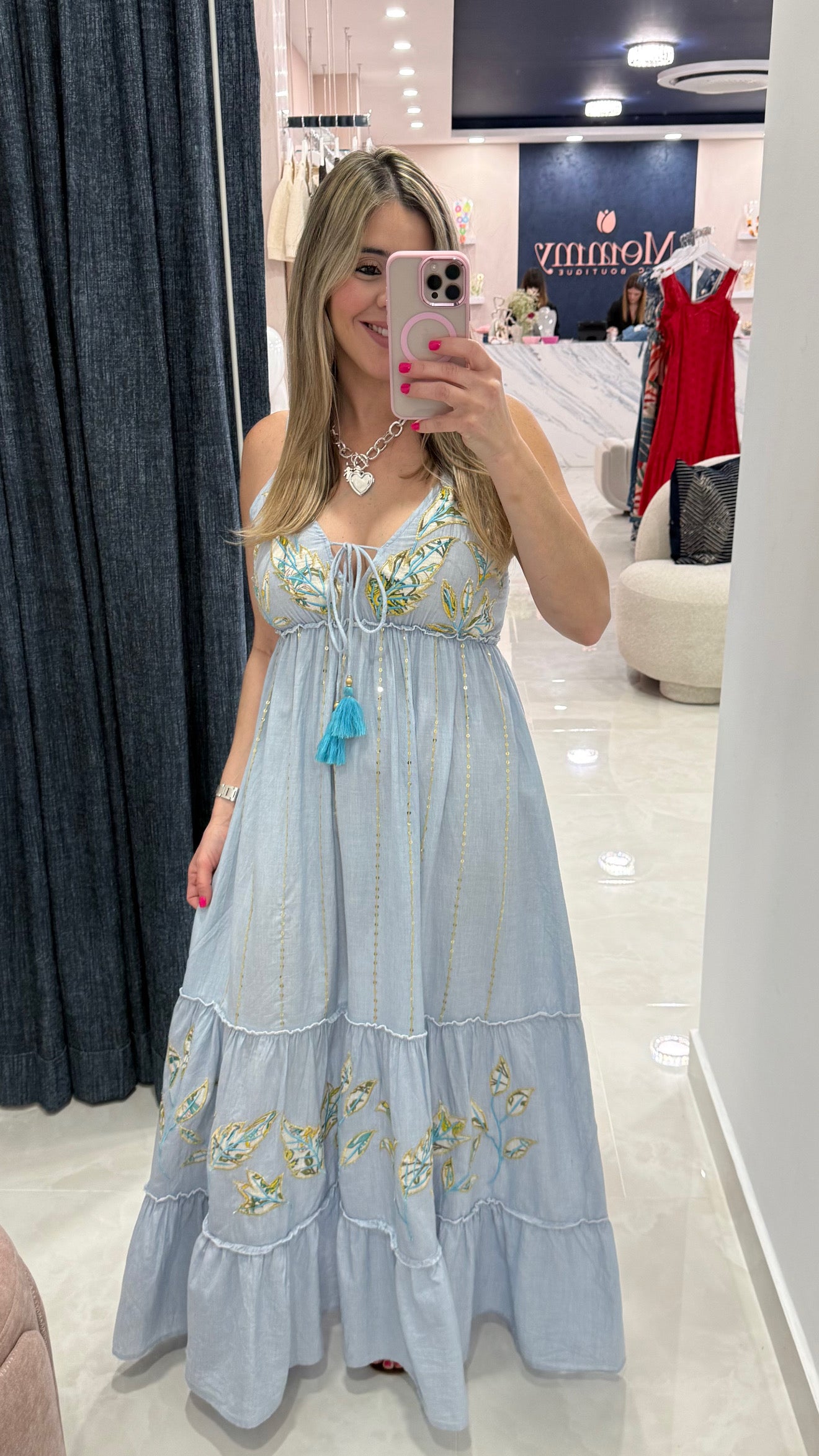 Maxi Dress Embroidery & Sequins Accents Blue