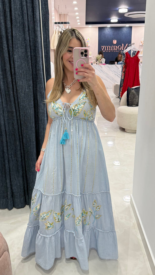 Maxi Dress Embroidery & Sequins Accents Blue