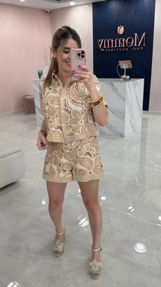 Printed Top & Short Taupe
