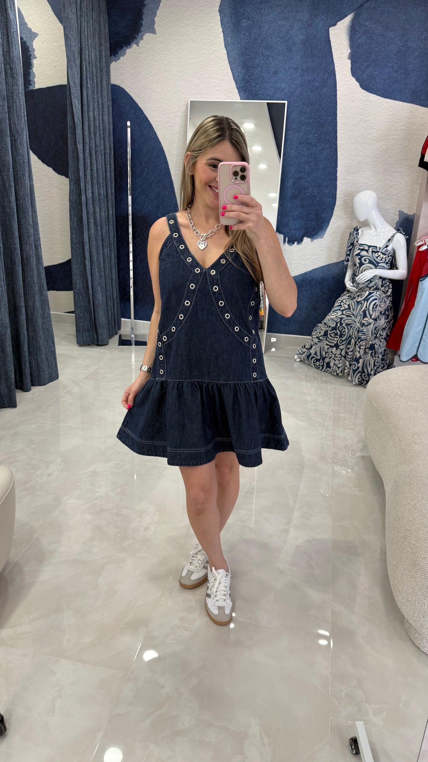 Dark Denim Dress With Grommets