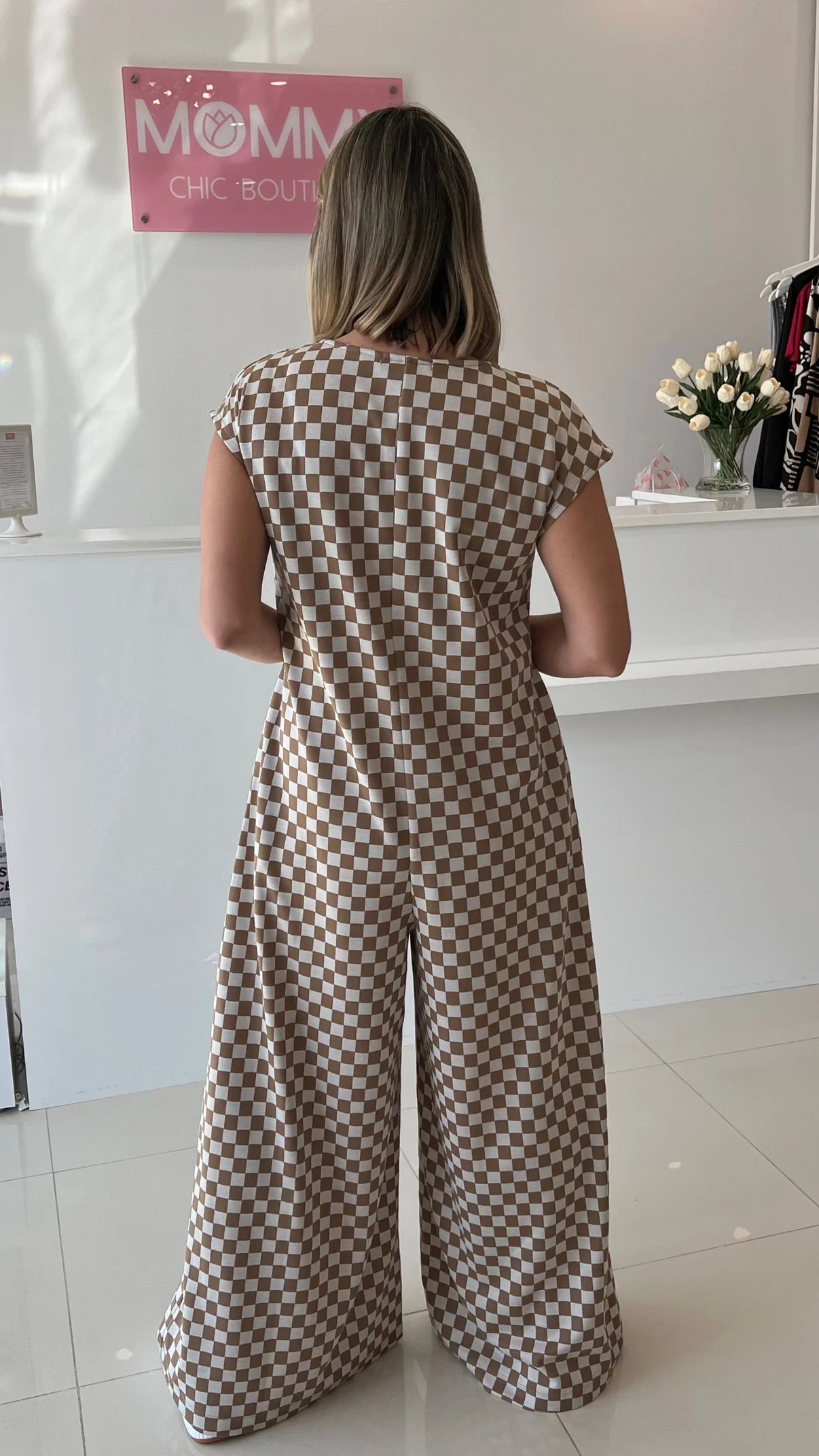 Double Knit checkers Jumpsuit Taupe