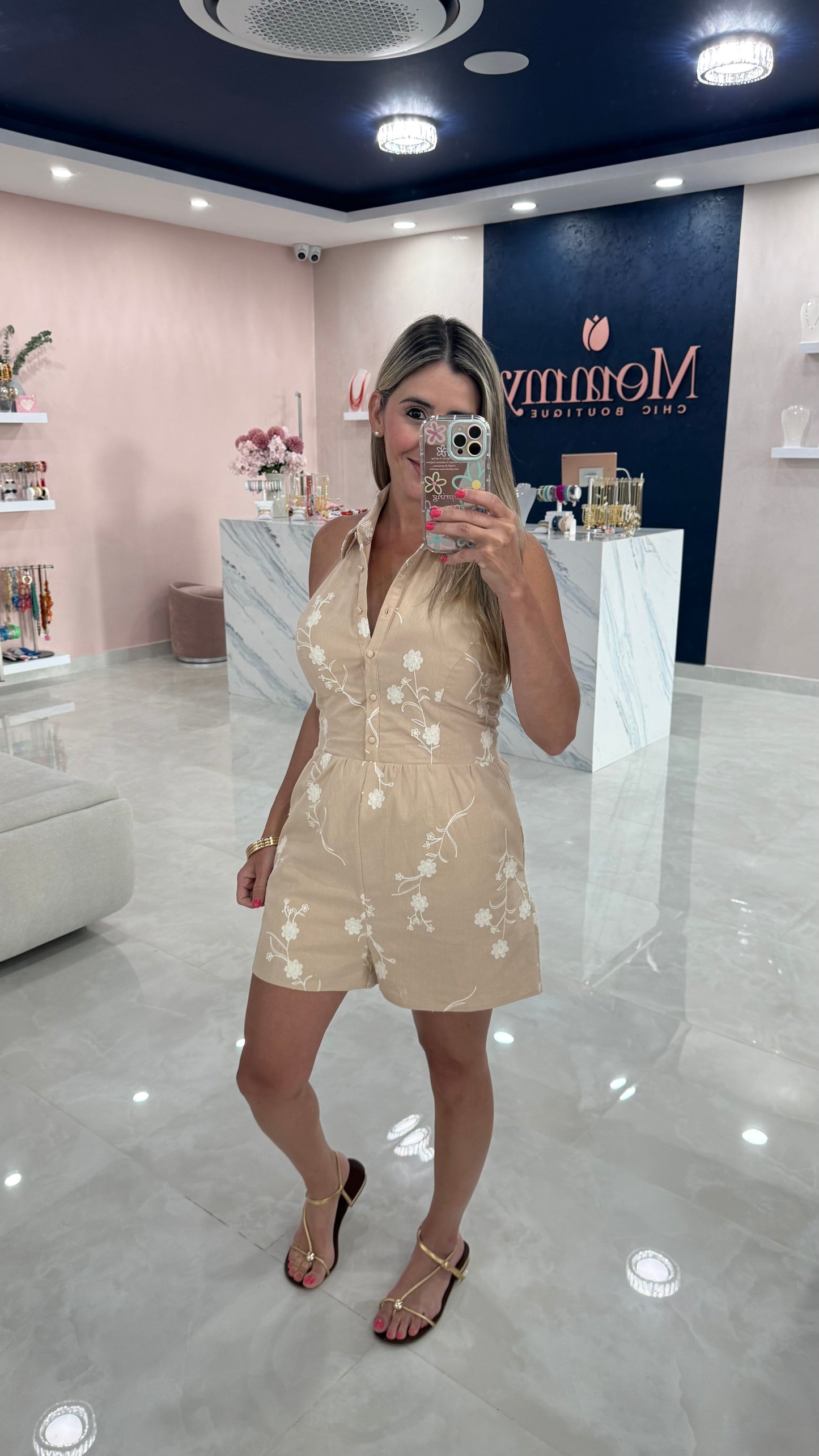 Embroidery Halter Romper Taupe