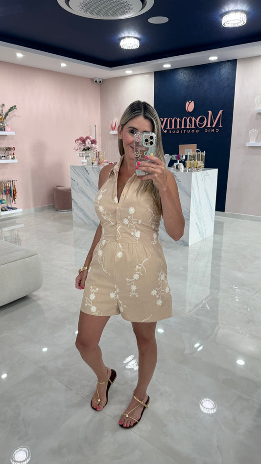 Embroidery Halter Romper Taupe