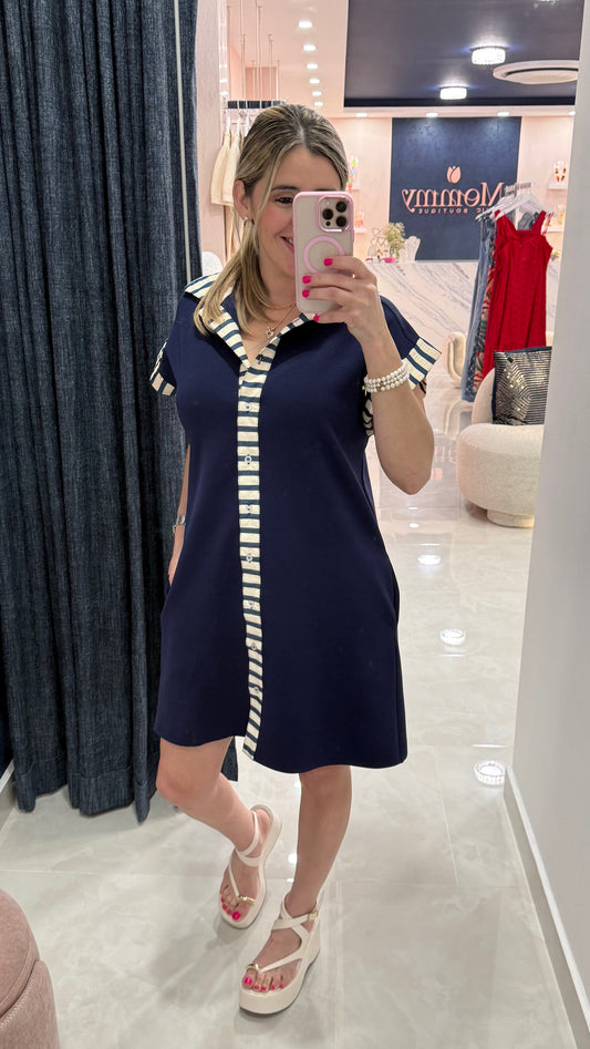 Knit Contrast Dress Navy