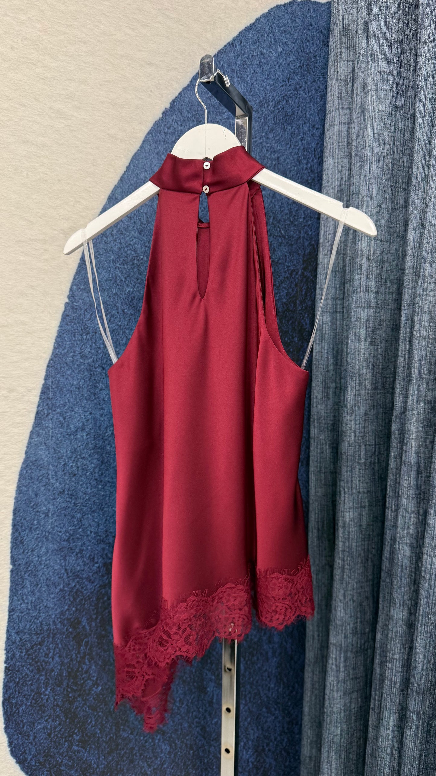 Asymmetric Satin & Lace Top Wine