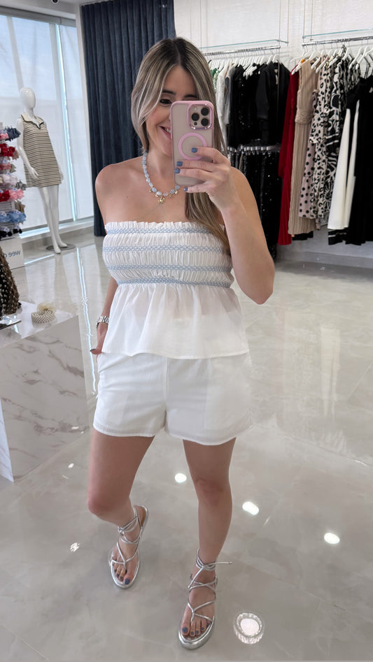 Smocked Contrast Top & Short Set White / Blue