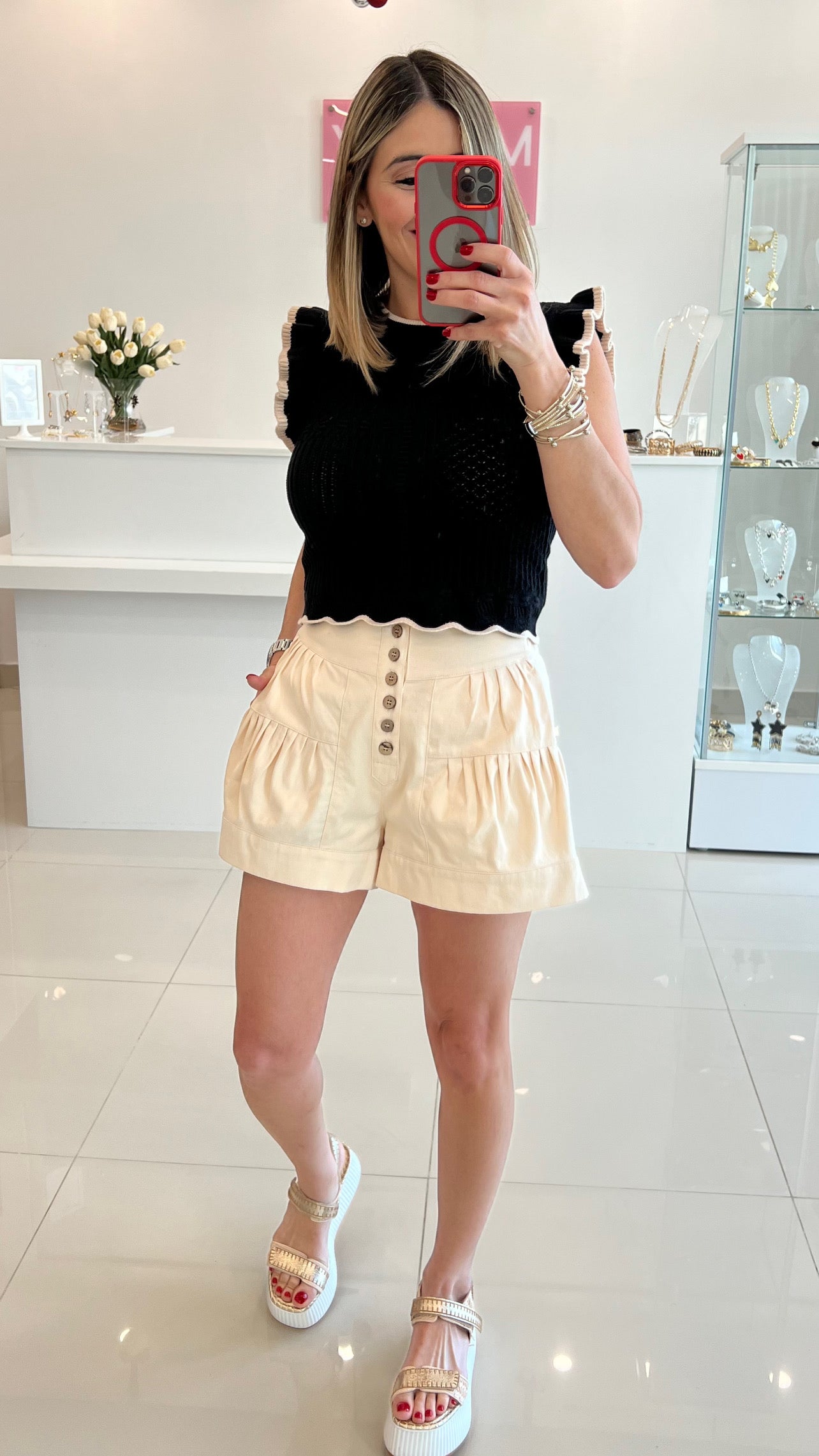 Pleated Denim Short Cream