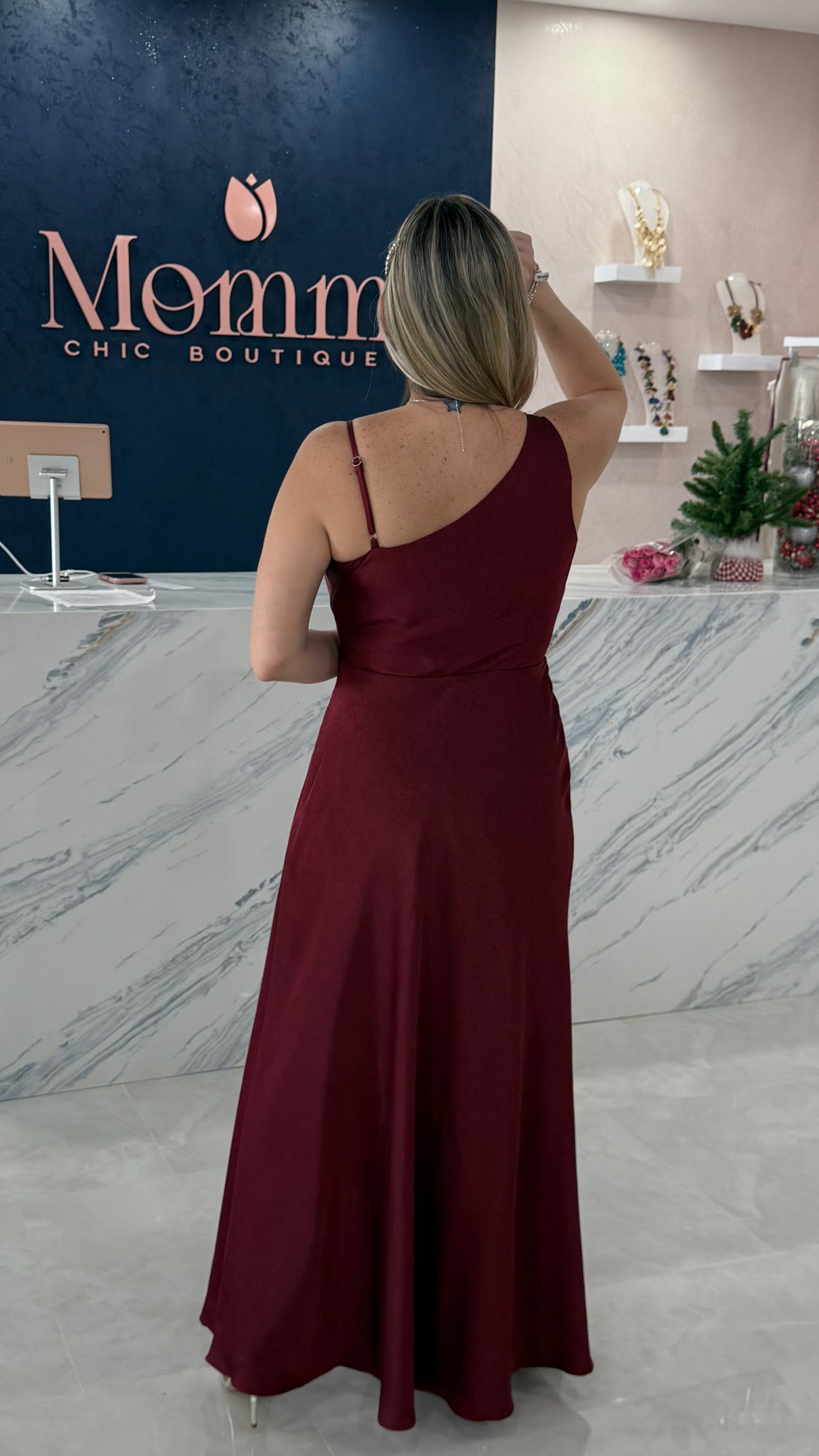 One Shoulder Satin Dress Burgundy