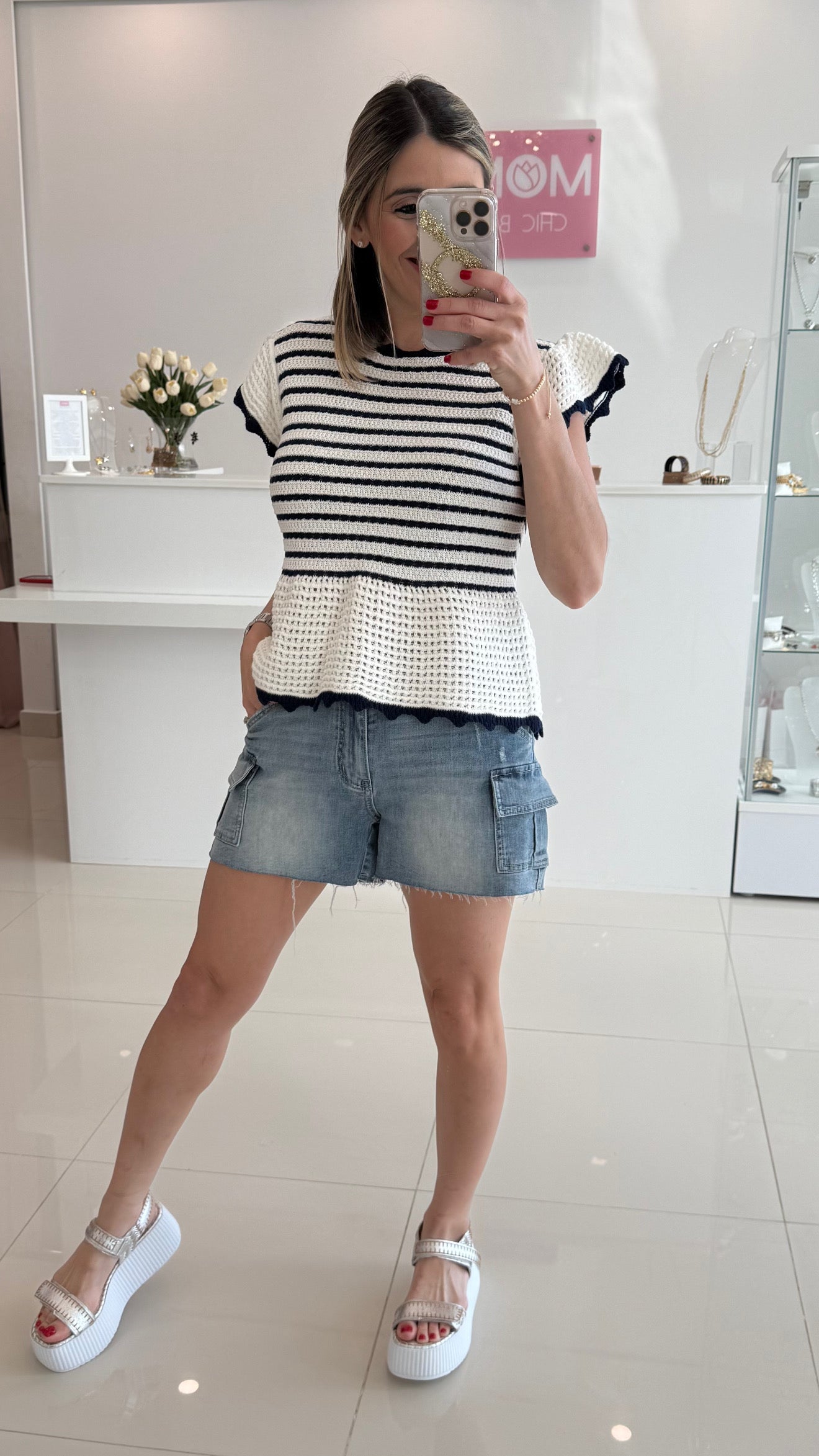 Sweater Knit Top Stripe Navy