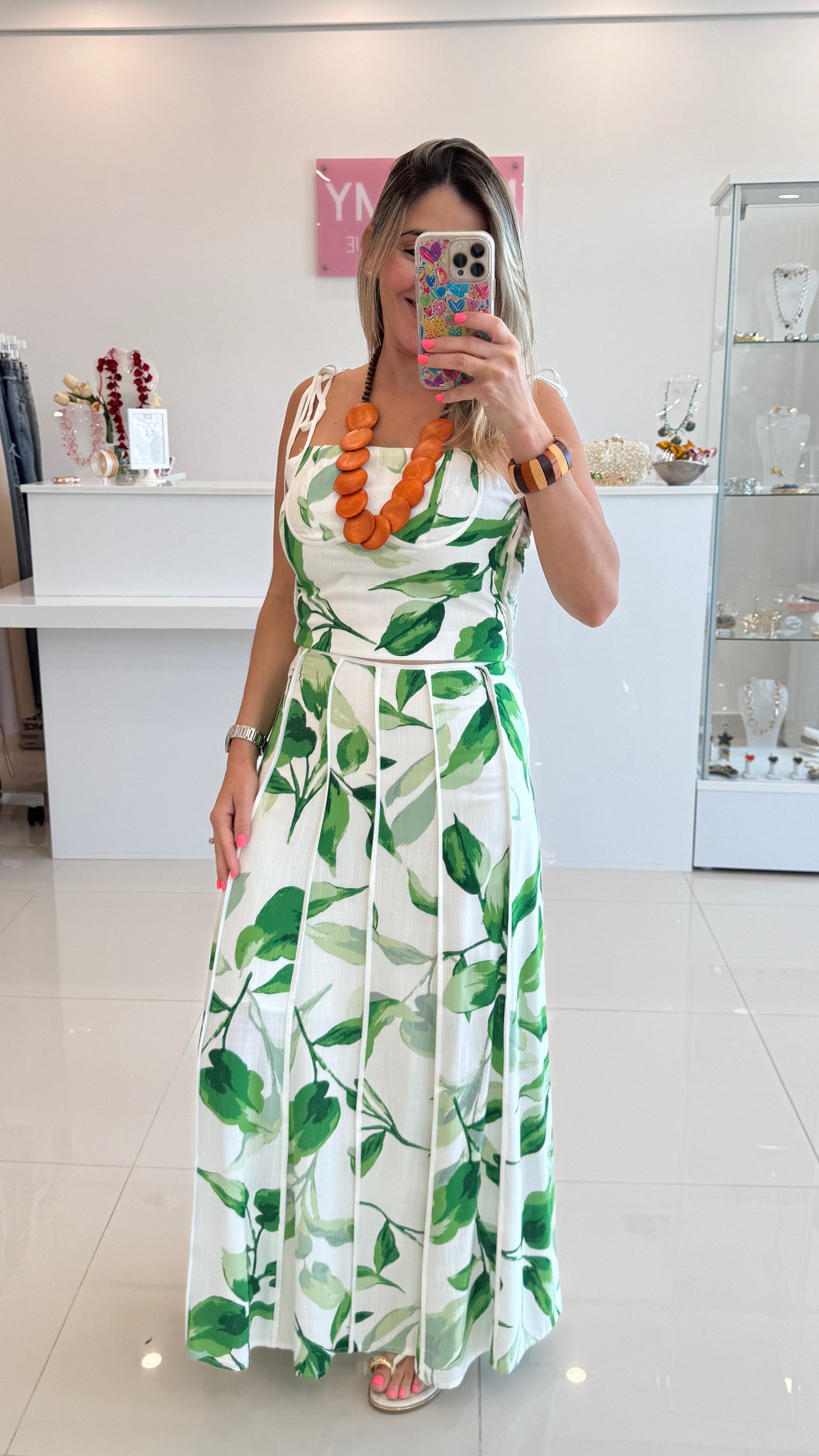 Printed Leaf Top & Maxi Skirt Set