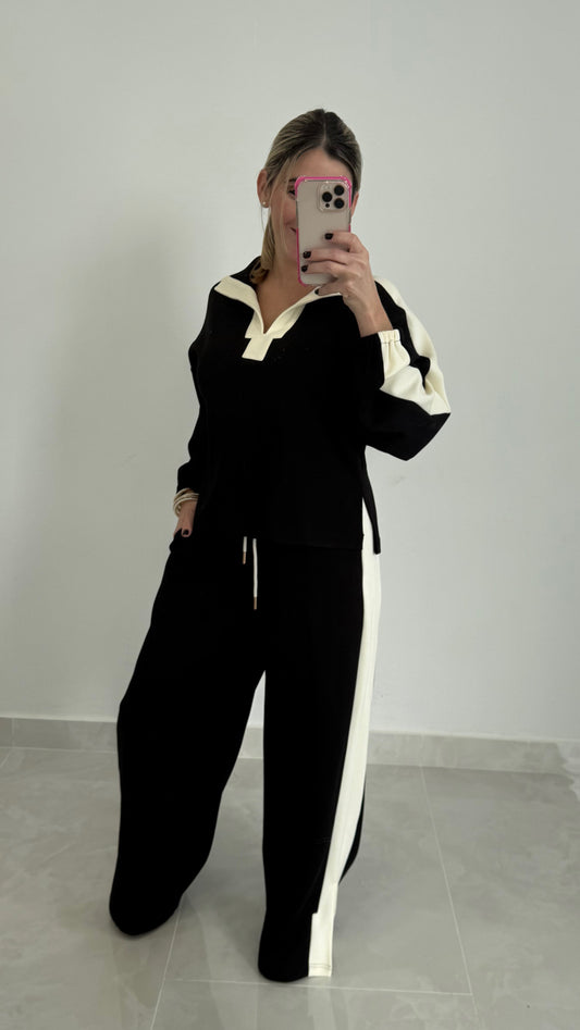 Long Sleeve Contrast Top & Pant Black/Ivory