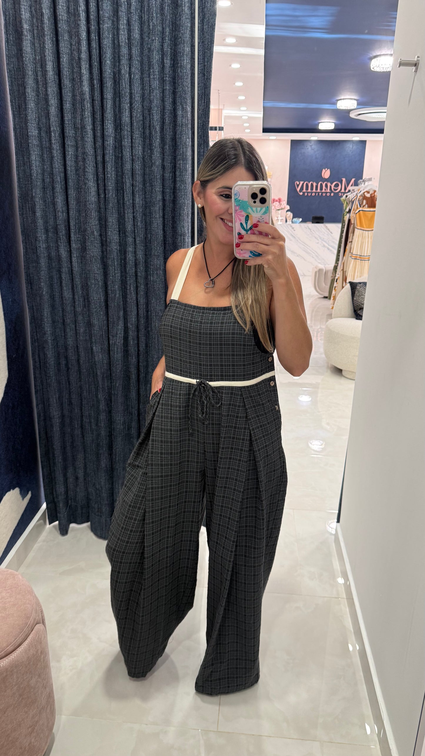 Plaid Overall Adjustable Ankle Black