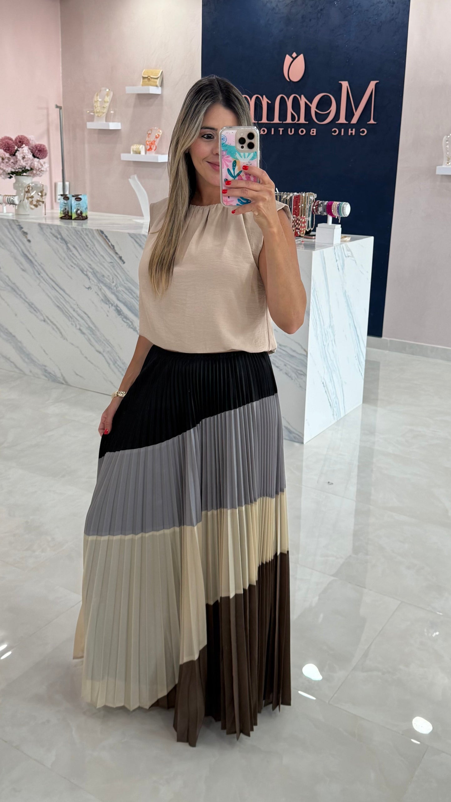Color Block Pleated Maxi Skirt