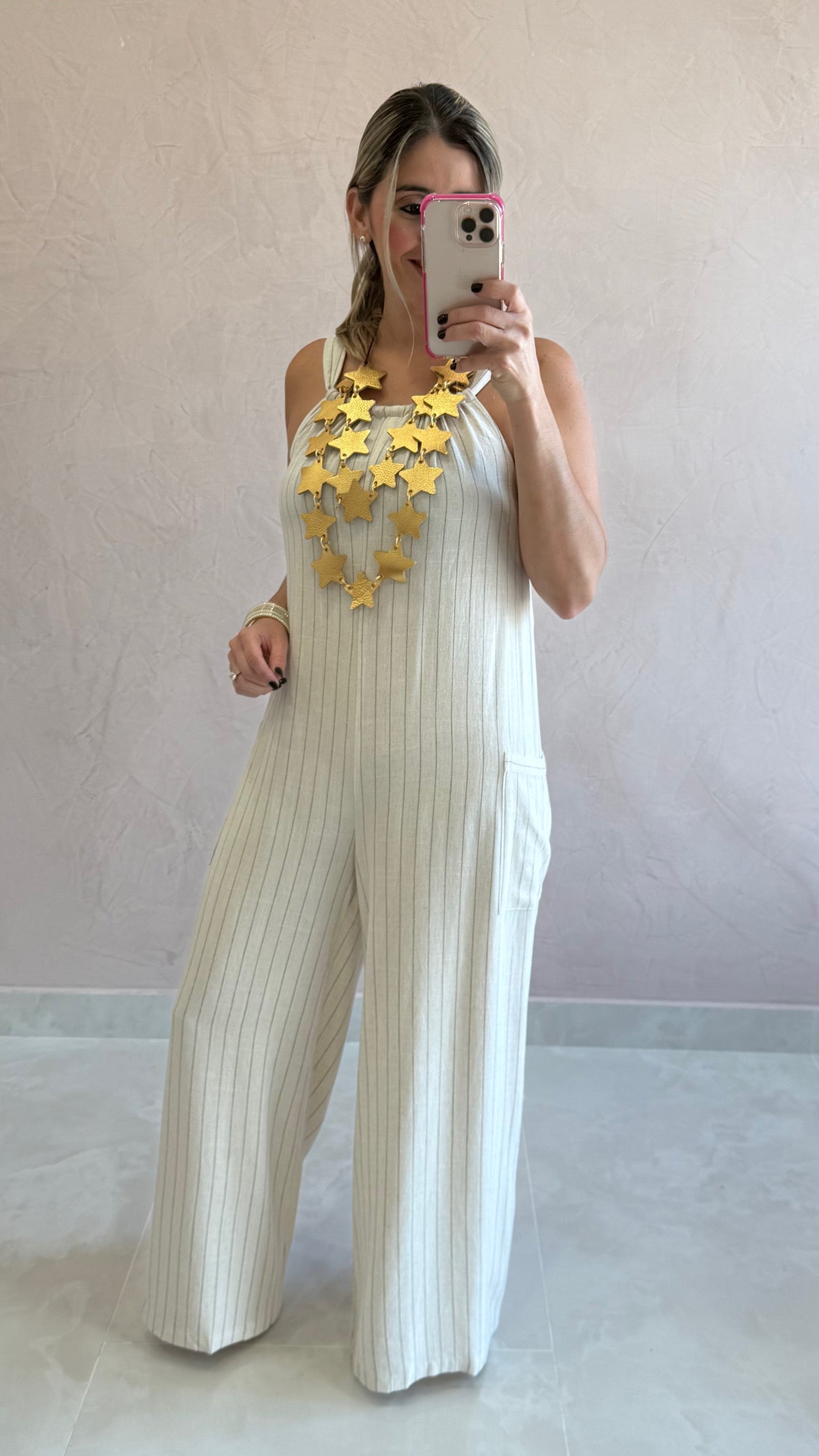 Striped Linen & Rayon Jumpsuit Natural