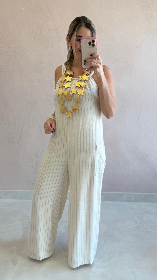 Striped Linen & Rayon Jumpsuit Natural