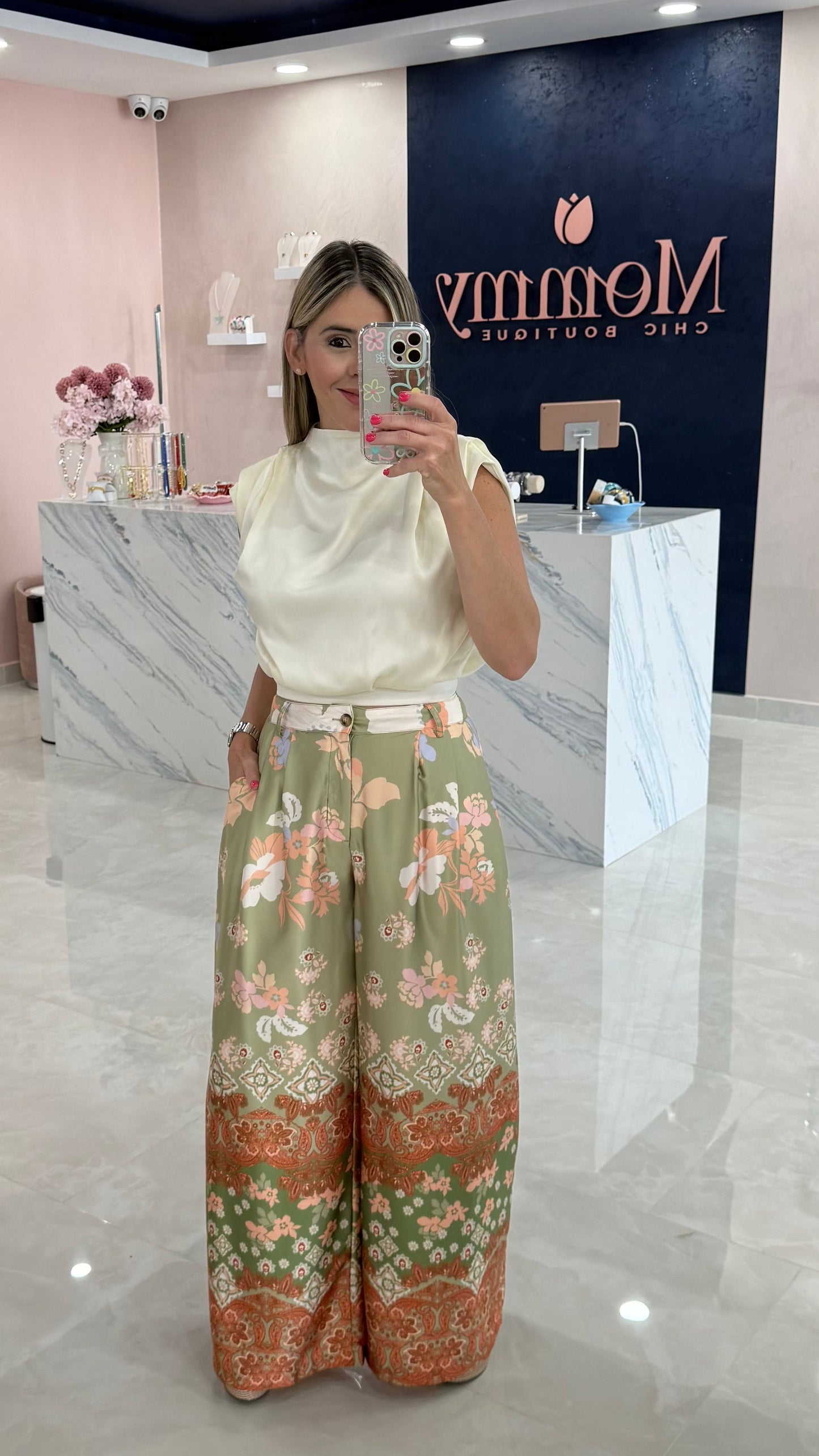 Floral Printed Satin Pant Olive
