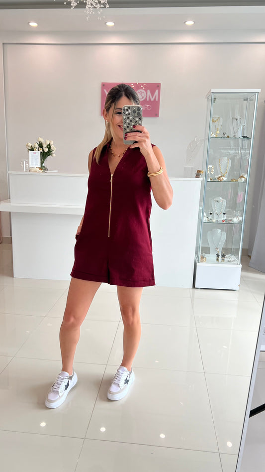 V Neck Denim Romper Burgundy