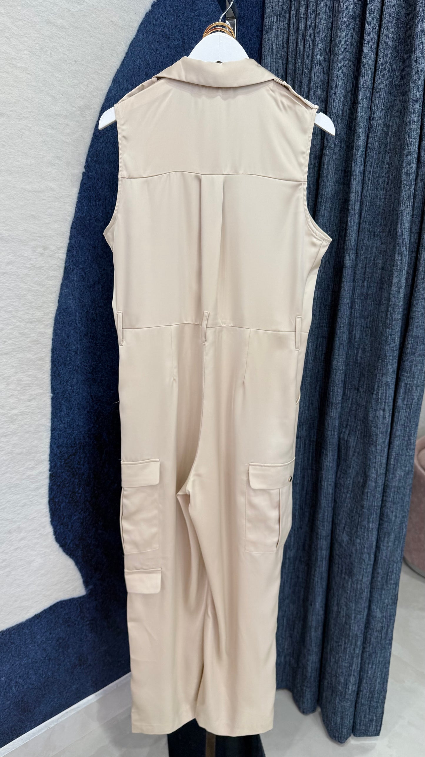 Satin Sleeveless Cargo Jumpsuit Beige