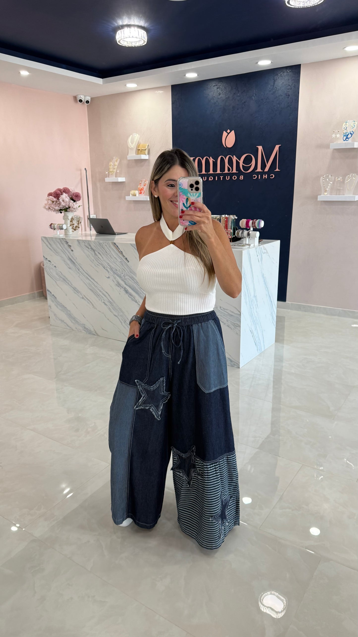 Lightweight Denim Wide Leg Star Patch