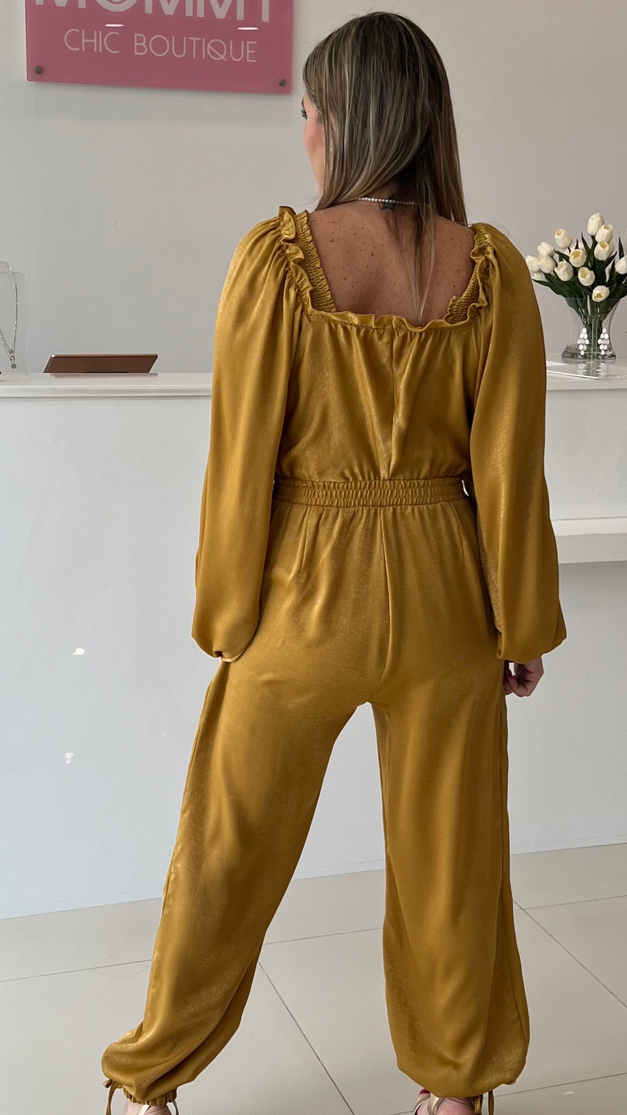 Textured Silky Smocked Jumpsuits Gold