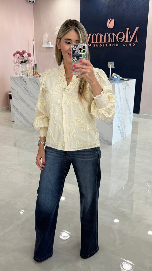 Long Sleeve Embroidered Top Ivory