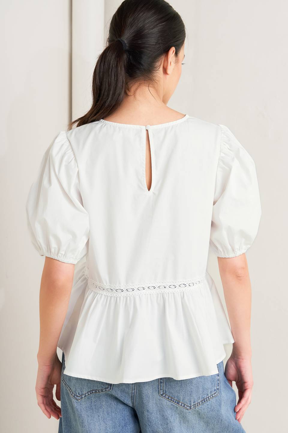 Lace Detail Peplum Cotton Top White