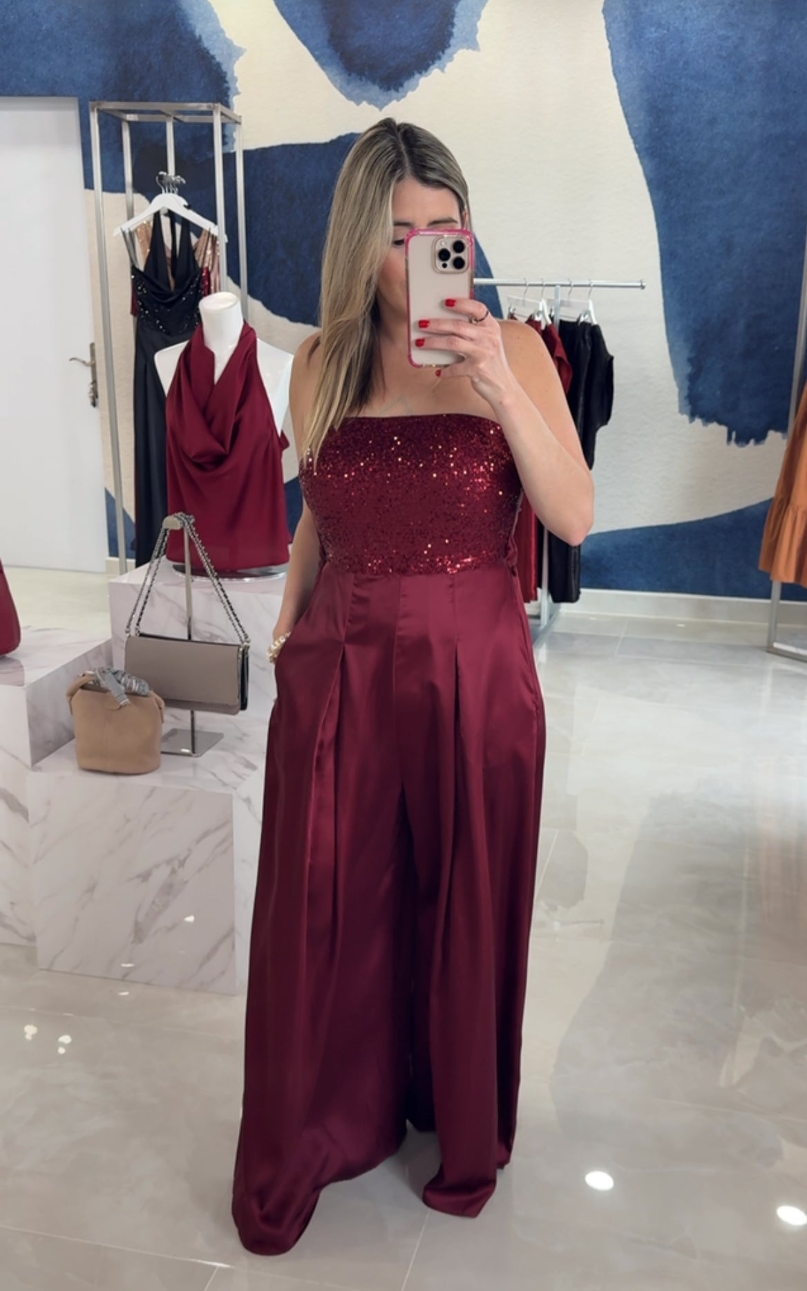 Sequin & Satin Jumpsuit Burgundy