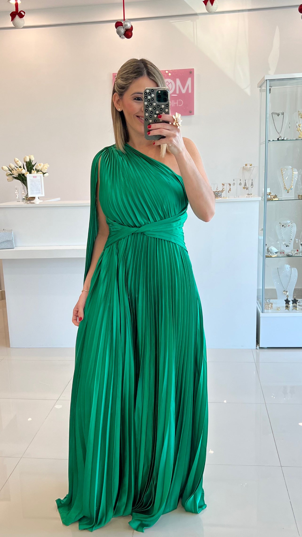 One Shoulder Pleated Maxi Dress Green