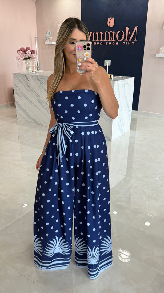 PRE ORDER 5.1.26 / 5.5.26 Strapless Jumpsuit Polka Dots Navy