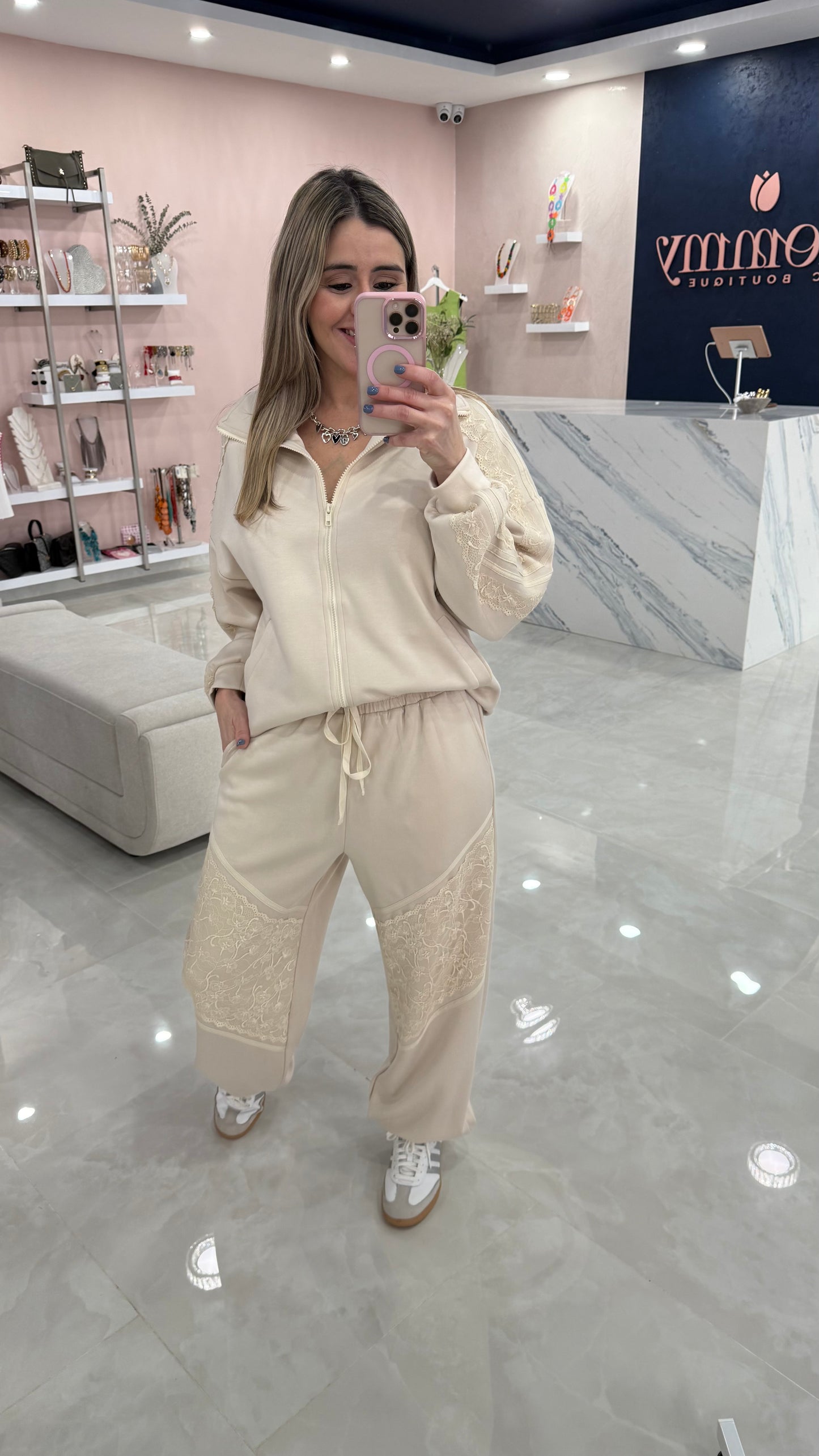 Contras Lace Long Sleeve Jacket & Jogger Set Sand