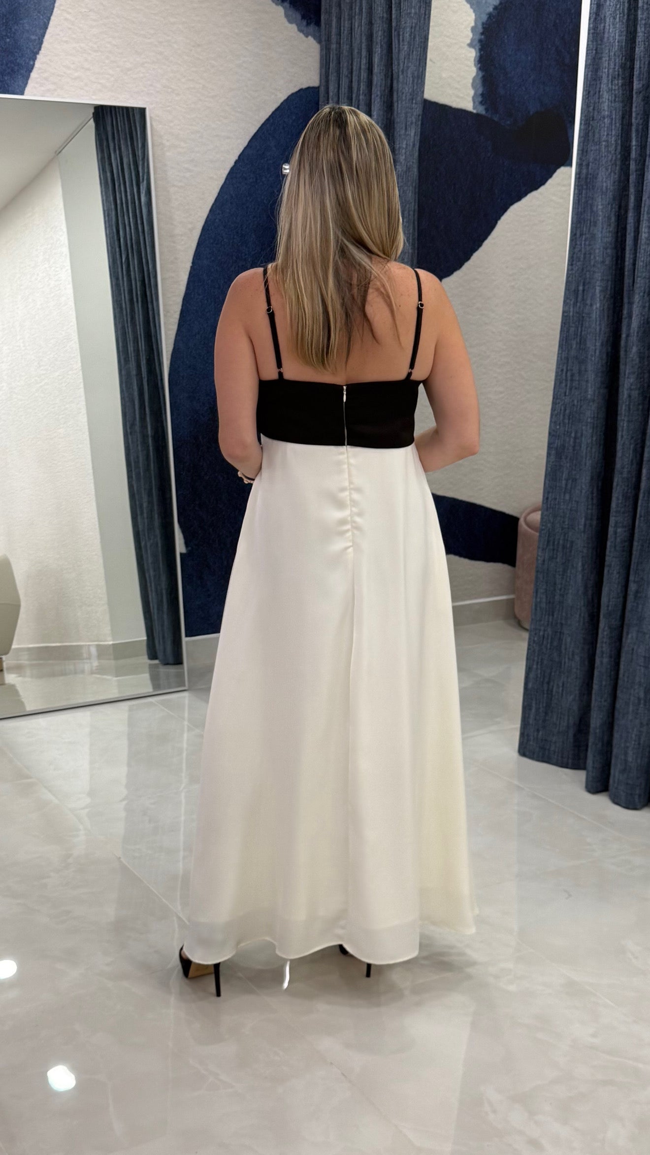 Contrast Black & Ivory / Bow Front Maxi Dress