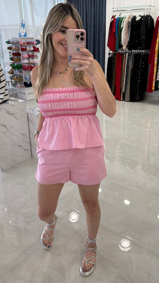 Smocked Contrast Top & Short Set Pink