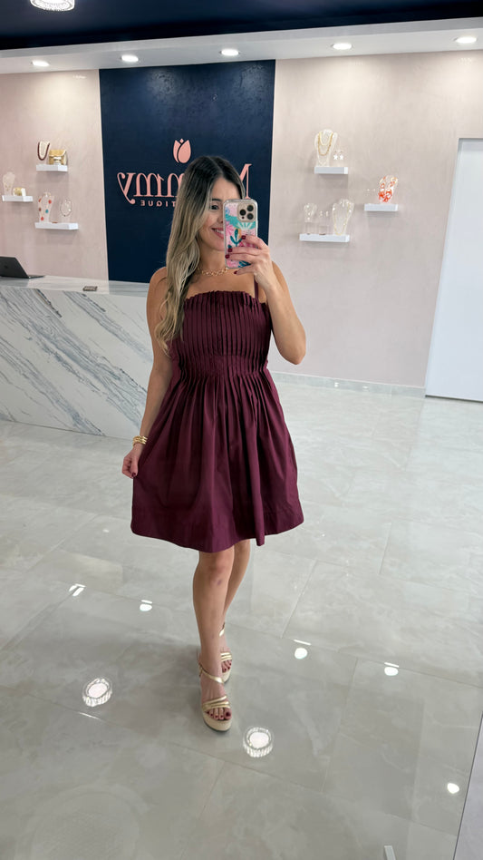Pleated Cotton Dress Burgundy