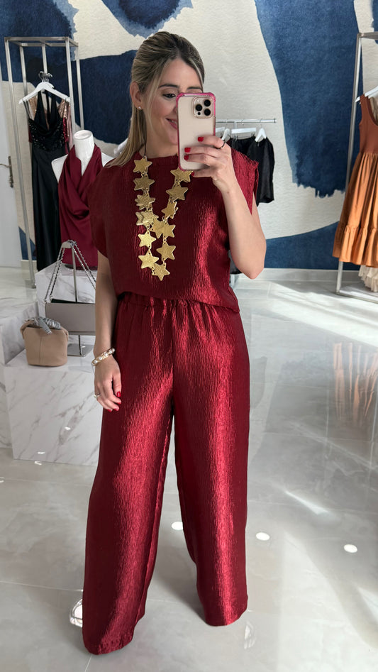 Textured Top & High Waist Pant Burgundy