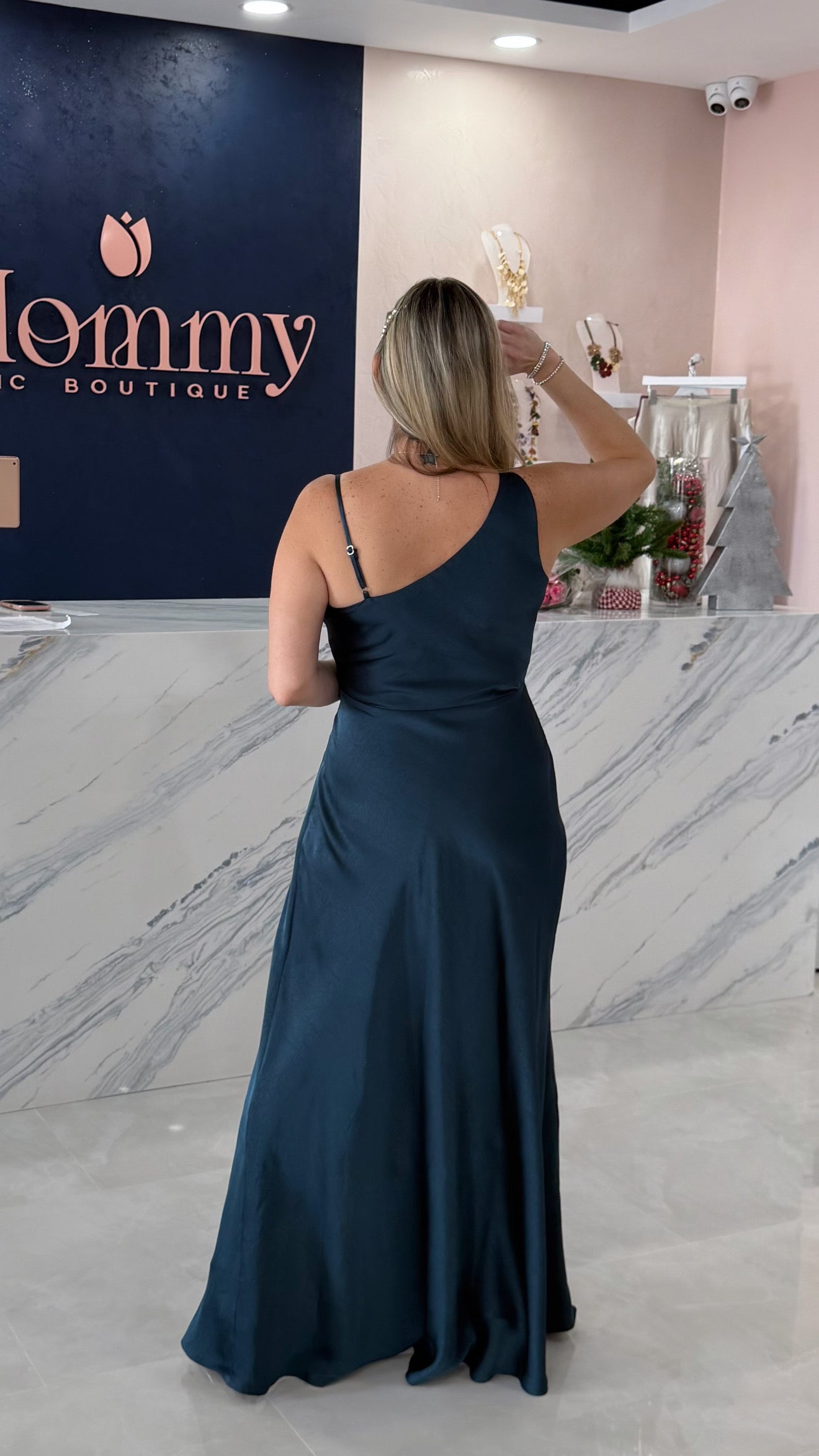 One Shoulder Satin Dress Teal
