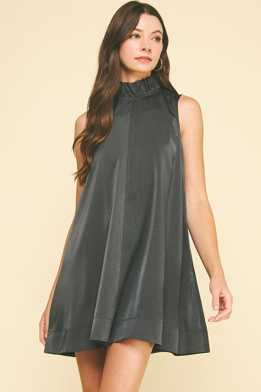 Ruffle Neck Sleeveless Dress Ash BLK