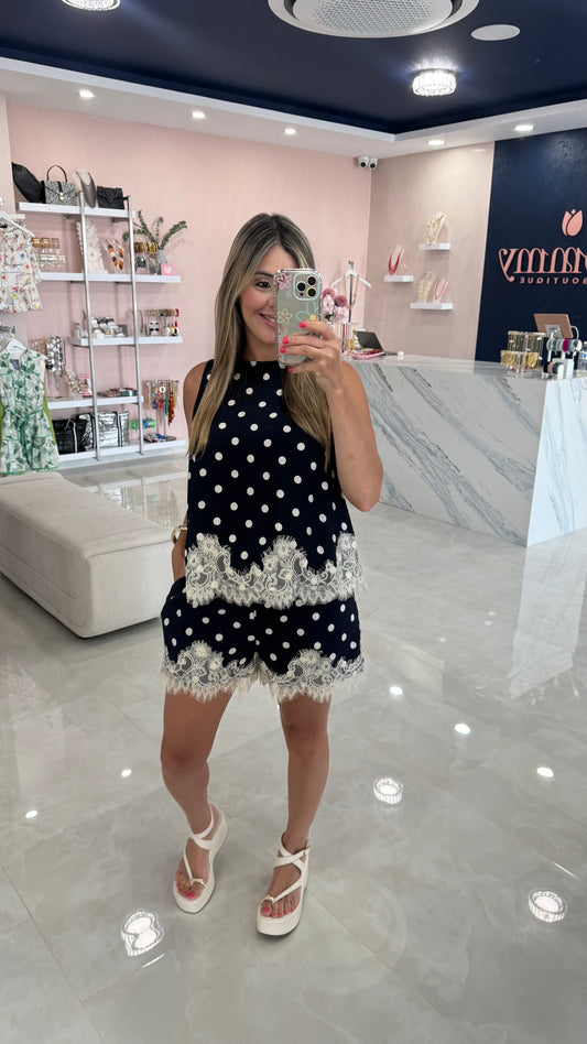 Polka Dots / Lace Top & Short Set Navy