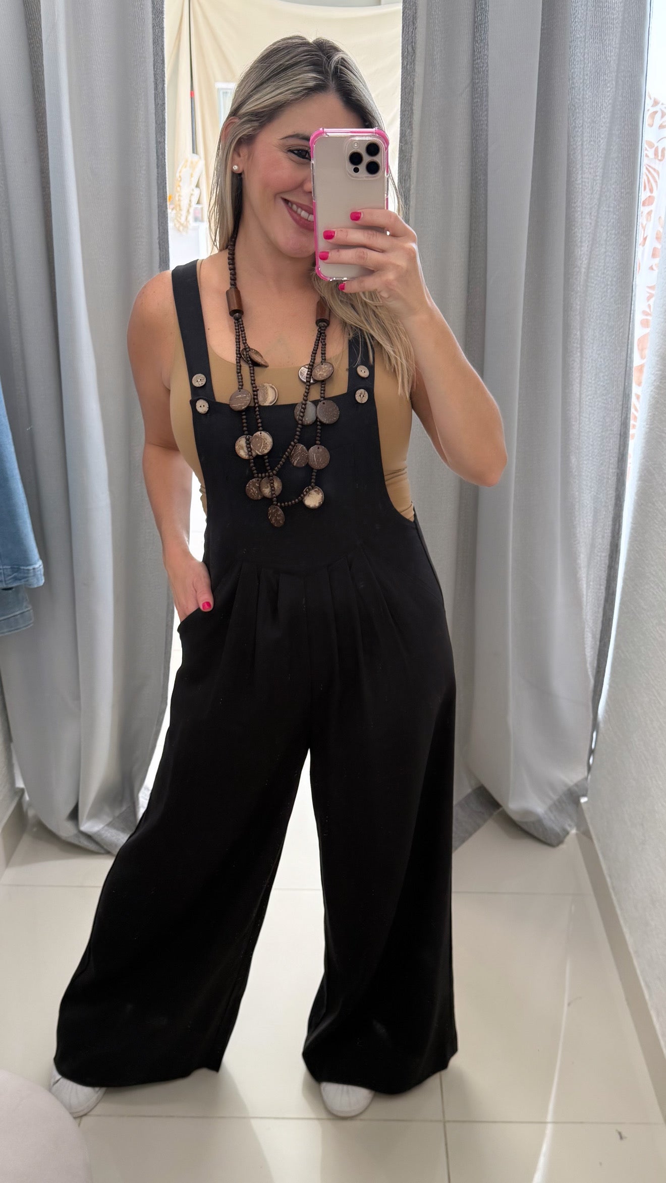 Linen Wide Leg Overall Black