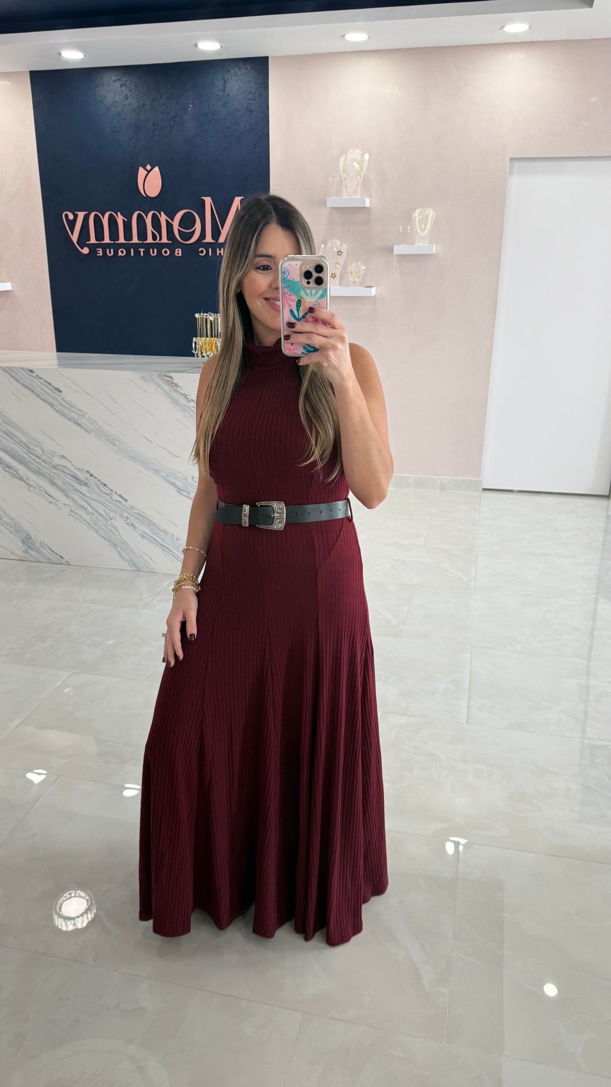 Turtleneck Sleeveless Maxi Dress Burgundy