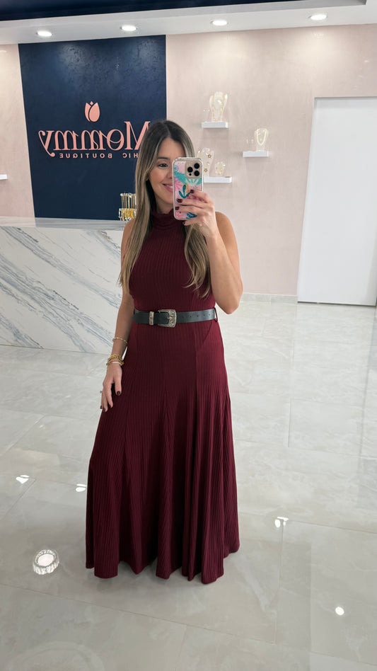 Turtleneck Sleeveless Maxi Dress Burgundy
